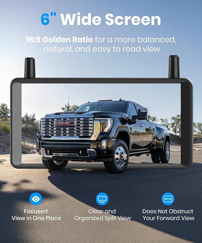 AUTO-VOX 2 Solar Wireless Backup Camera: 6‘’ 16:9 HD Monitor with Dual Antenna Strong Signal, Split Screen View for Balanced Dual Views, DVR Recording Back Up Camera for Car, SUV, Truck, Trailer