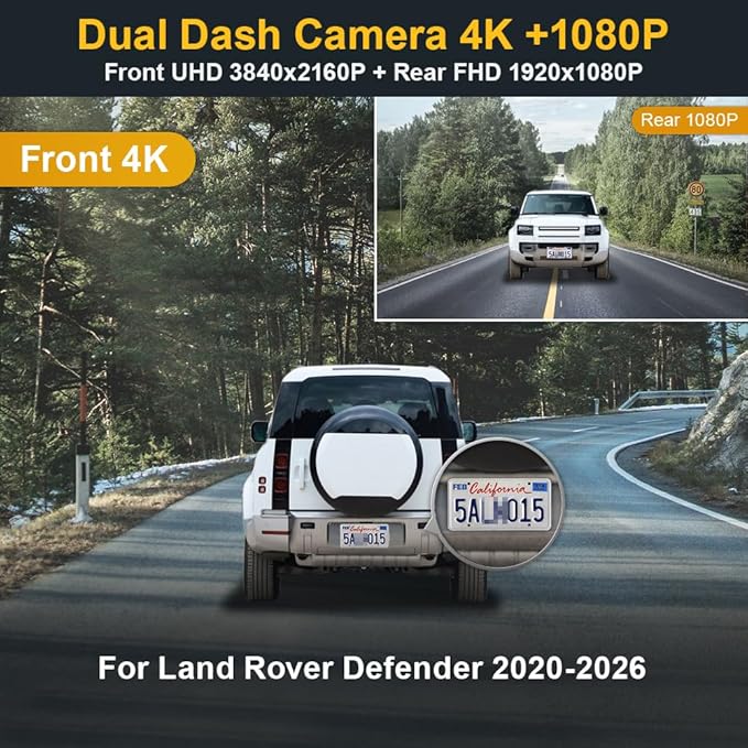 Fitcamx Front 4K+Rear 1080P Dash Cam Adapts for Land Rover Defender 90 110 130 2020-2026 (L663), Integratd OEM Look, 2 Way HD Video, WiFi & APP, Loop Recording, G-Sensor, Easy to Set, 128GB Card