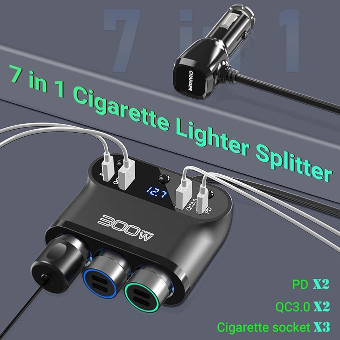 7 in 1 Cigarette Lighter Adapter: Ouffun 300W 3 Socket Car Charger Extensions 12V Splitter with Dual PD USB C 30W and QC3.0 18W 12V USB Outlet Ports, 12 Volt Car Plug with LED Voltage Separate Switch