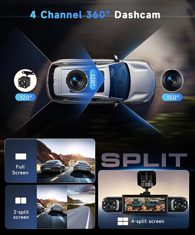 4 Channel 360° Dash Camera Front and Rear Inside Left Right, 3.16 Inch Dash Cam for Cars, Built-in Night Vision, Sensitive Motion Detection 24/7 Recording Parking Mode Monitor Reversing Help