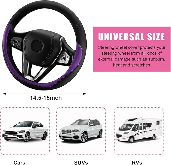 Car Steering Wheel Cover, Universal 15" Anti-Slip Auto Steering Wheel Protector for Men Women, Breathable Odor Free Leather Steering Wheel Car Accessories Fit Most Vehicles (Purple)