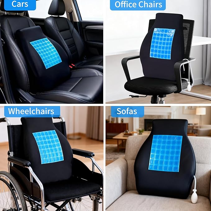 Adjustable Airbag Lumbar Support Pillow with Cooling Gel - Customizable Support for Upper Lower Back Pain Relief, Improves Posture, Memory Foam Back Cushion for Office Chair, Car/Truck Seat, Couch