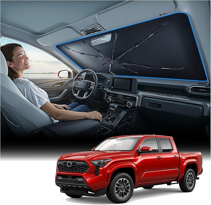 Windshield Sun Shade Umbrella for Toyota Tacoma - [Vinyl Coating Heat Shield] Protect Car from Sun Rays & Heat Damage Keep Cool and Protect Interior, Spring Structure Edge
