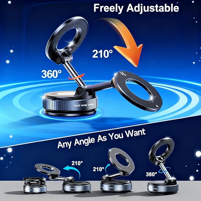 Vacuum Magnetic Car Phone Holder for Your Car, 360° Adjustable Car Phone Mount, Foldable Car Mount, for Magsafe Dashboard Car Bracket Stand for iPhone & Android