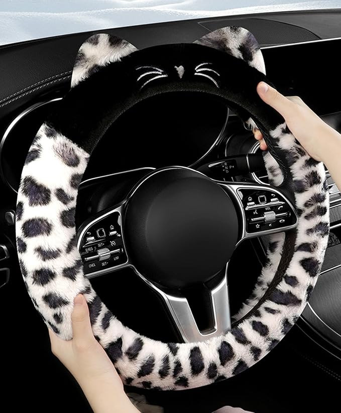 Dotesy 3D Ear Furry Cheetah Car Steering Wheel Cover Set Fluffy Faux Wool Steering Wheel Protector Leopard Anti-Slip Soft Warm Car Accessories for Women (White Black)