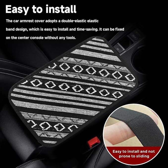 Bohemian Universal Armrest Cover Pad, Car Center Console Cushion, Boho Ethnic Style Auto Armrest Decorative Pad with Elastic Straps, Car Arm Rest Cover Protector for Vehicles (Armrest Cover-B)