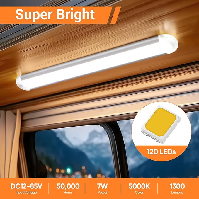 CT CAPETRONIX 12v Led Light Bar Strip, 120LEDs 1300LM 7W DC 12 Volt Led Strip Lights Fixtures with Switch, Enclosed Trailer Lights for RV Interior, Van, Truck Lorry, Camper, Boat, Caravan (8Pcs)