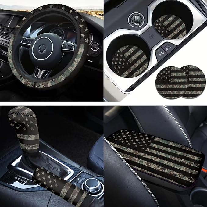 Vintage American Flag Car Interior Accessories Military Green Car Steering Wheel Cover Cup Coaster Handbrake Gear Cover Suit for Truck Vans SUV 6pcs