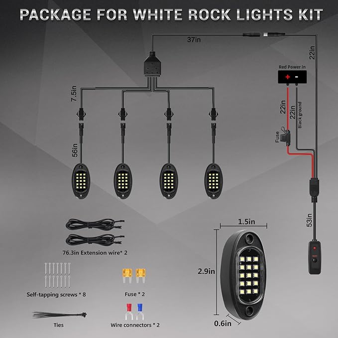4 Pods White LED Rock Lights with Switch Extension Harness, 6000K 24 LEDs Pure White Neon Underglow Light for ATV SUV UTV RZR SXS Car Trailer Truck, IP67 Waterproof Under Trail Rig Fender Lighting