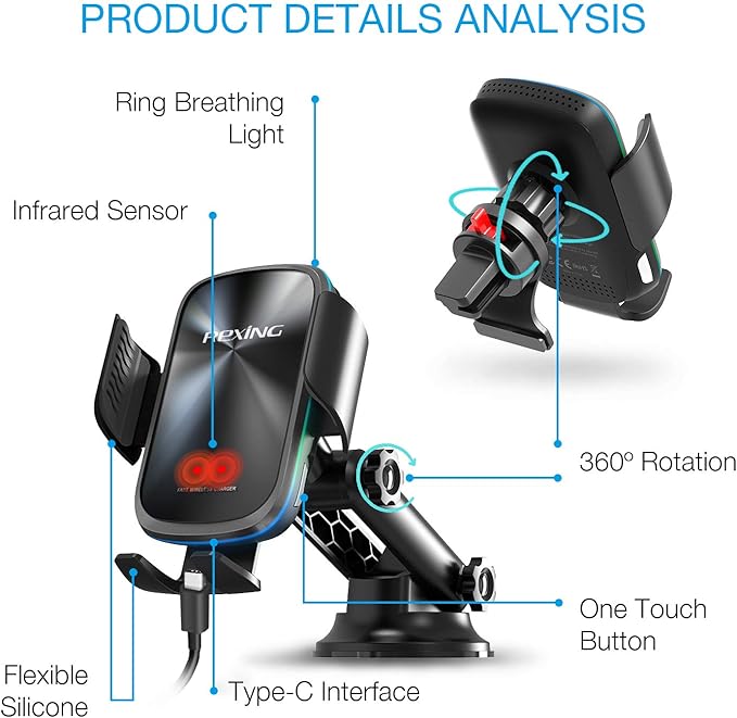 RexingUSA X5 Motorized Qi Car Mount - 15W/7.5W Wireless Charging, Auto Sensing Clamping, Windshield & Air Vent | iPhone, Android & Galaxy Smartphones (No Car Charger)