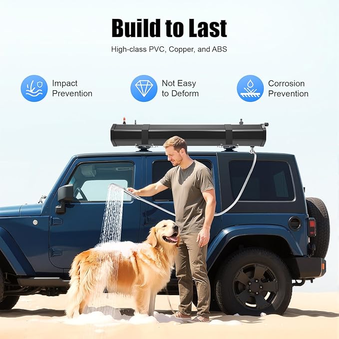 Portable Water Tank for Camping, 30L/7.93gal Self-Pressurized Water Tank, Roof Rack Mount Road Shower with Shower Head and Storage Bag, Car Camping Shower for SUVs, Sedans, RVs, Trucks