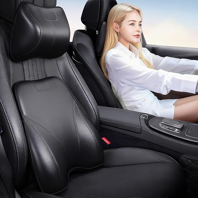 Memory Foam Car Headrest Neck Pillow Lumbar Support Cushion for Tesla Model Y/3/X/S BMW X3 X5 Lexus TX350 NX350 350h RX350 Volvo XC60 XC90 for Long Trips Driving Home Office(Black)