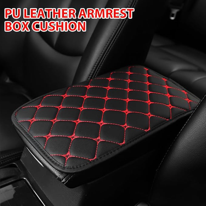 HZEL Car Center Console Cushion Pad, PU Leather Vehicle Armrest Protection Cover, Waterproof Automotive Interior Arm Rest Seat Box Mat Accessories, Universal for SUV, Sedan, Truck (Black/Red)