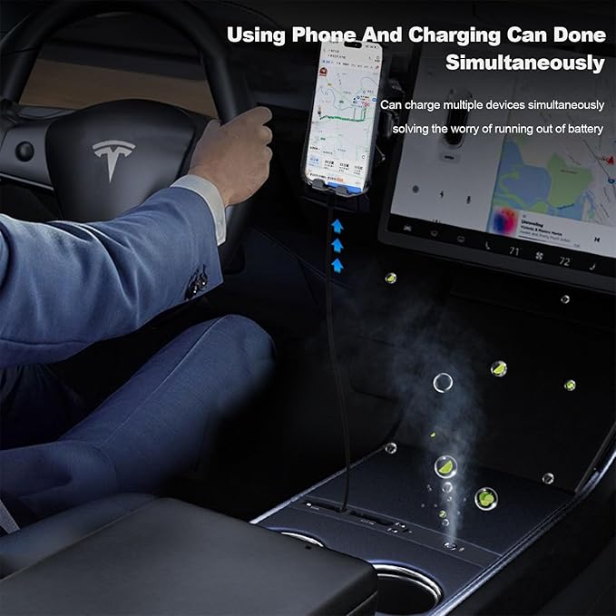 Car USB Hub with Smart Aromatic System Hub Charger for Tesla Model 3 2021-2023 / Model Y 2021-2025 Multifunctional Tesla Accessories with Retractable Fast Charging line