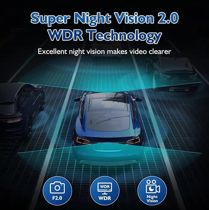 Dash Cam，3 Channel Dash cam, Full HD Dash Camera for Cars, Free 64GB SD Card, 2”IPS Screen, Night Vision, WDR, Parking Monitor, Loop Recording, Accident Lock, Motion Detection