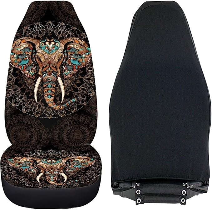 Bohemian Elephant Print Car Accessories Women Men Front Seat Cover Set Stretchy Saddle Blanket Auto Bucket Seat Protectors, Car Interior Automotive