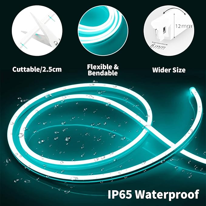 iNextStation 12V Ice Blue LED Strip Lights 16.4FT, Flexible Silicone Neon Rope Light with Power Adapter, Waterproof, Cuttable, Dimmable & Linkable, LED Lights Strip for Bedroom, Kitchen(with Plug)