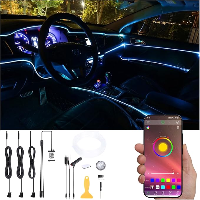 4 m Optic Fiber Car Ambient Lighting Kit Bluetooth App Control 64 Colors Multicoloured Music Interior Lighting Kit 12V 1W