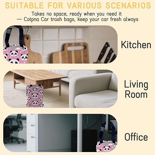 Cute Panda Car Trash Bag, Strap Drawstring Car Garbage Bags,Car Back Seat Organizer with Adjustable Buckle for Car Accessories