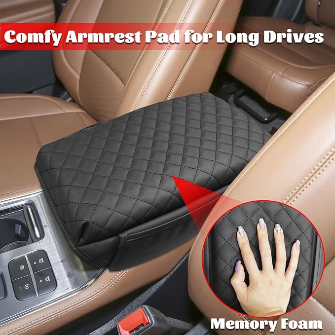 Center Console Armrest Cover Compatible with Ford Explorer 2020-2024 Leather Arm Rest Lid Protector Cushion Pad with Side Pockets Interior Accessories Prevent Scratching Black