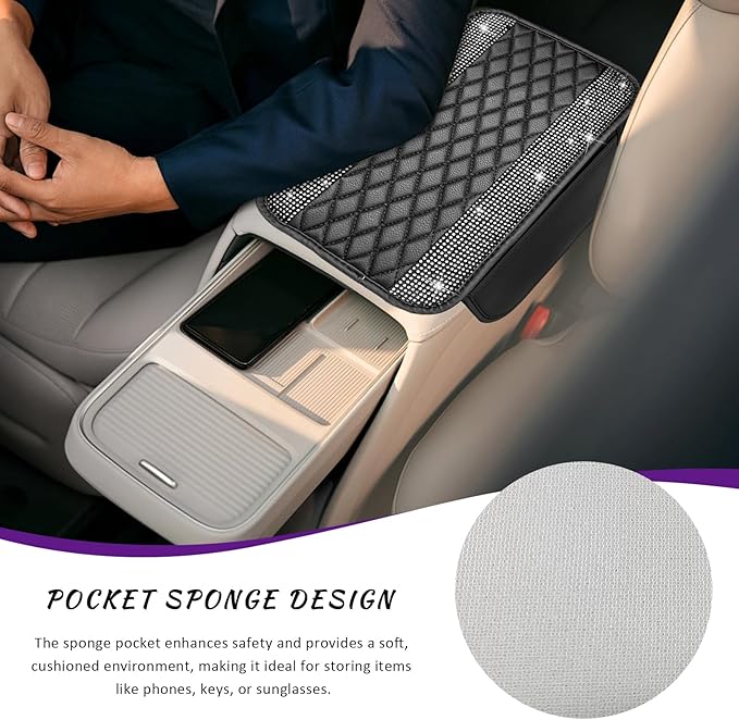 Sun Walker Bling Car Center Console Cover, Anti-Scratch Car Armrest Seat Box Cushion Pad with 2 Storage Bags, Leather Middle Console Protector Crystal Interior Accessories for Most Cars (White)