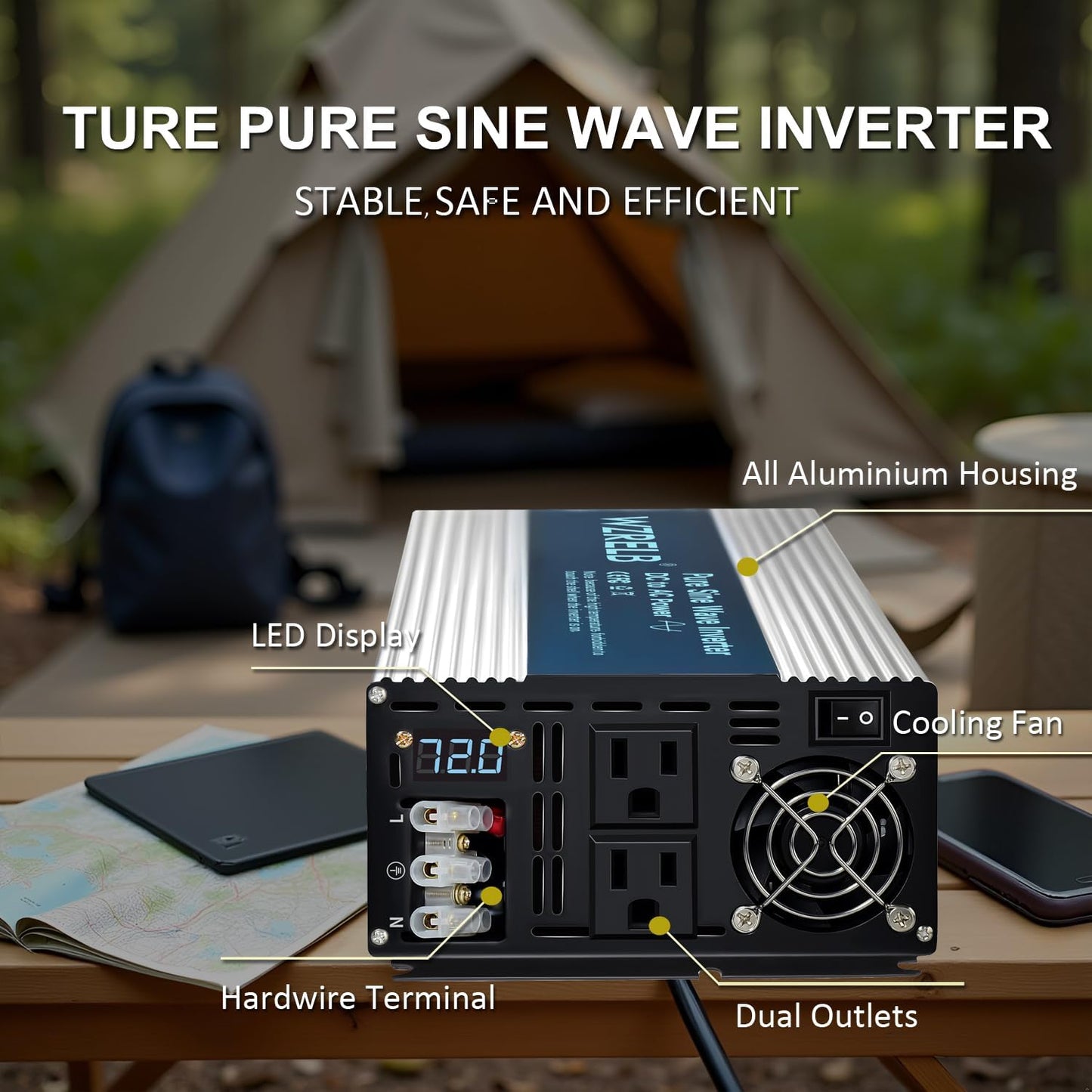WZRELB 3500W Pure Sine Wave Inverter, Car Power Inverter 72V DC to 110V 120V AC Converter for RV, Truck, Solar, Outdoor with Dual AC Outlets, Hardwire Port, Surge 7000W, LED Display,Off-Grid