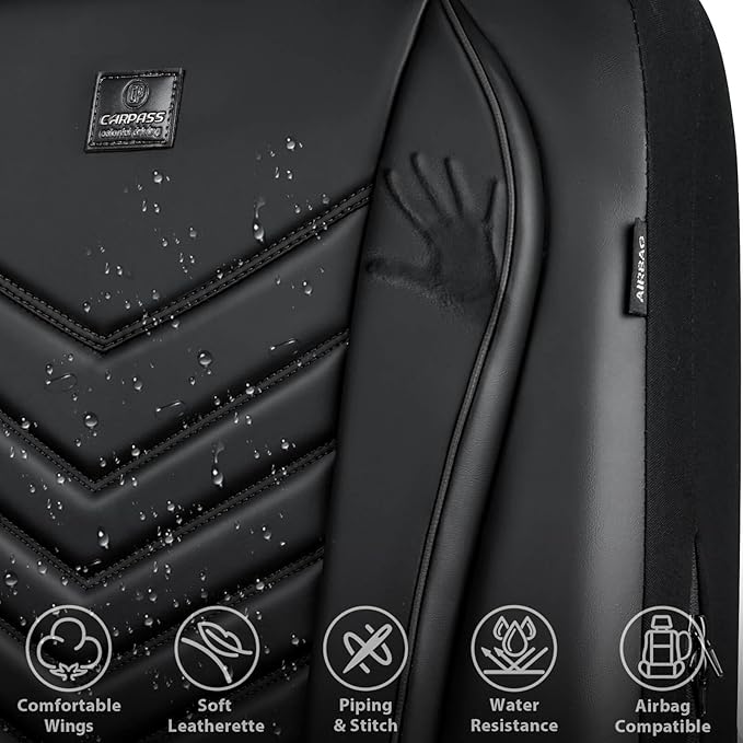 CAR PASS 3D Foam Faux Leather Car Seat Covers Full Set,Waterproof Leather Seat Cover for Cars,Luxury Universal Fit for SUV Truck Sedan Automotive, Armrest Airbag Compatible Anti-Slip, All Black