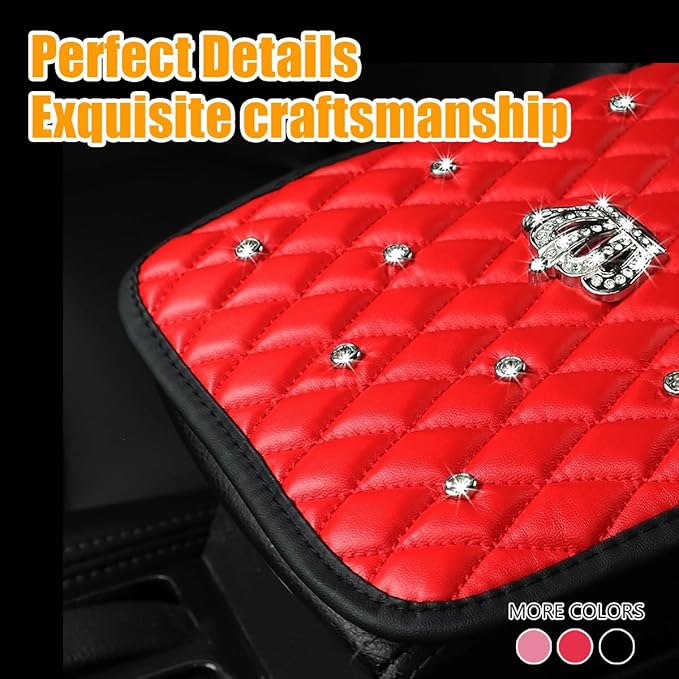Mandark Bling Car Center Console Cover, Rhinestones Crown Vehicle Armrest Seat Box Mat Pad, Diamond Automotive Interior Arm Rest Cushion Protector Decor Accessories, Universal Fit(Red)