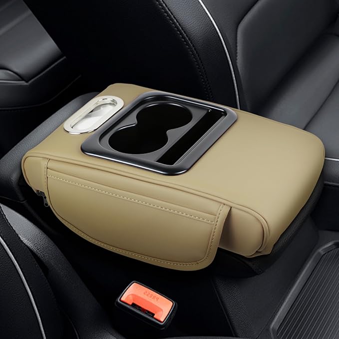 wuyaoyao Car Center Console Cover, 13.39"×8.27"×3.15" Leather Car Armrest Cover with Pocket & Tissue Box & Cup Holder, Multifunctional Auto Armrest Cushion Pad, Universal Car Accessories (Beige)