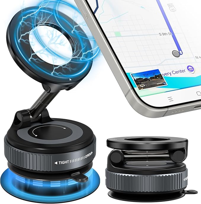 Vacuum Car Phone Holder Magnetic with 24 Mags, 360-Degree Adjustable Suction Cup Mount, Rotary Suction & Release for Easy Storage, Compatible with MagSafe & Magnetic Cases, Black