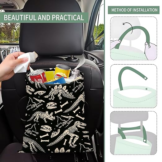 Cute Car Trash Can, Hanging Canvas Car Back Seat Organizer and Storage Bag, Funny Car Trash Bag For Travelling, Outdoor Cute Black Skeleton Dinosaur