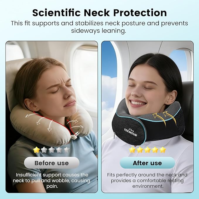 Travel Neck Pillow for Airplane -Memory Foam Travel Pillow for Long Flights/Car Sleep 360° Support Airplane Pillow, With Eye Mask & Earplugs, Portable Carry Bag | Airplane Accessories Washable Cover