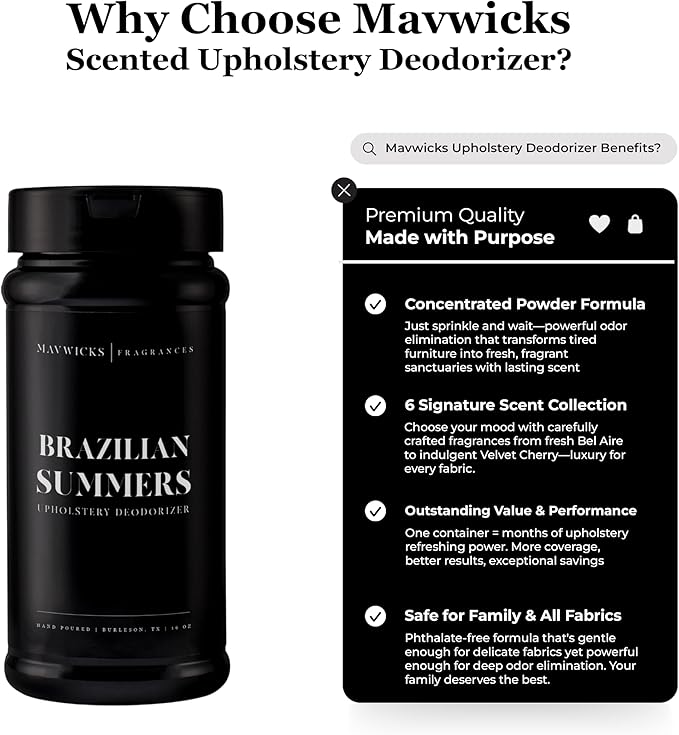 Mavwicks Fragrances - Upholstery Deodorizer (Brazilian Summers) 16 oz - Rug, Couch & Carpet Deodorizer - Vacuuming Powder, Pet Safe Carpet Freshener Powder - Odor Eliminator for Home