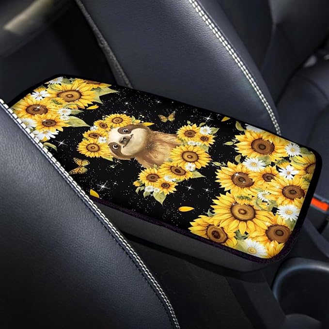 Suobstales Sloth Sunflower Daisy Butterfly Print Car Armrest Pad Soft Center Console Arm Rest Protector Cover Universal Car Interior Accessories Decoration