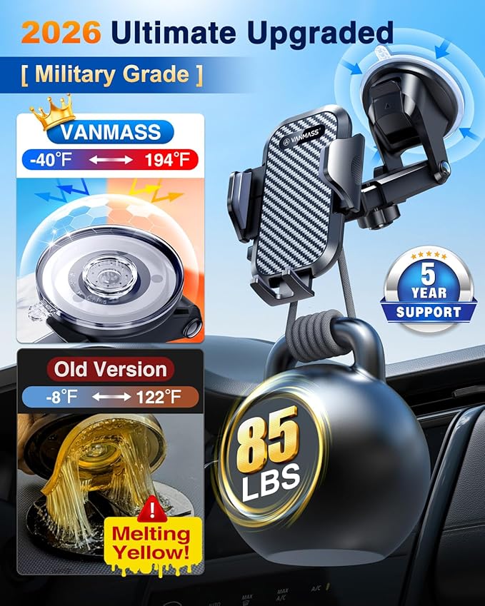 VANMASS Car Dashboard Phone Holder Universal Powerful Suction Cup Mount, Dash Windshield Air Vent Truck Stand Compatible with All Phones Black
