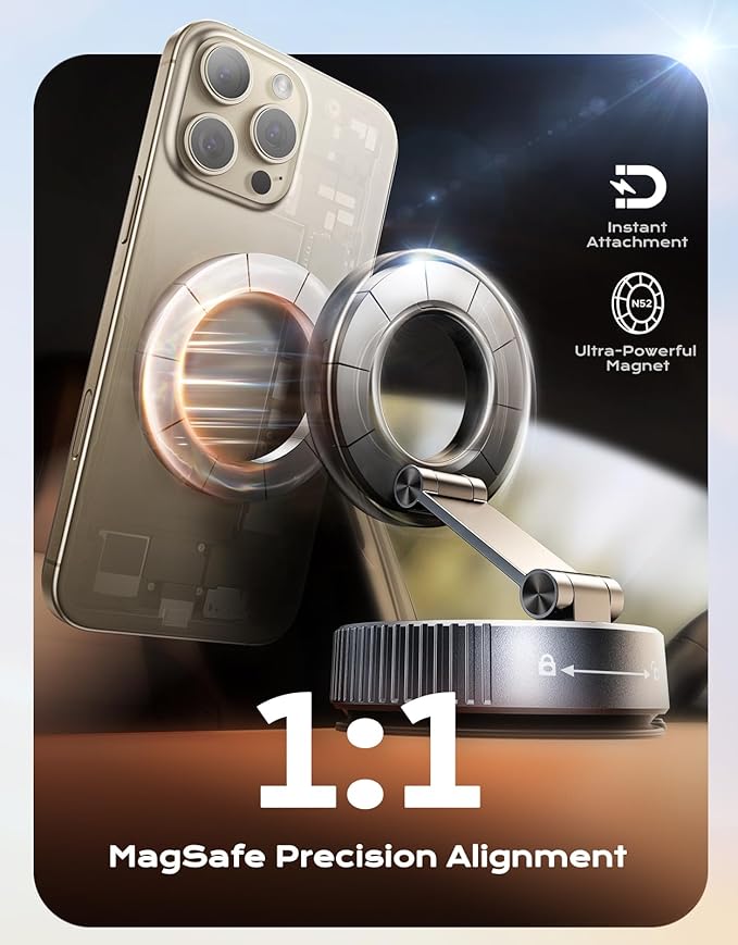 Viccux 2026 Upgraded Vacuum Magnetic Phone Holder for Car [89LB Vacuum Suction+2400GF Strong Magnetic] 360° Adjustable Car Phone Holder for MagSafe, Dashboard Suction Cup Phone Mount for iPhone 17/16