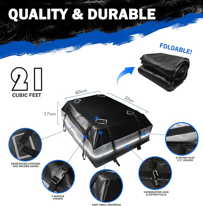 Car Rooftop Bag Cargo Carrier Bag 21 Cubic Feet Waterproof Heavy Duty for All Cars with/Without Rack Including Anti-Slip Mat 2 Luggage Locks 2 Extra Straps 6 Strong Nylon Straps Storage Bag