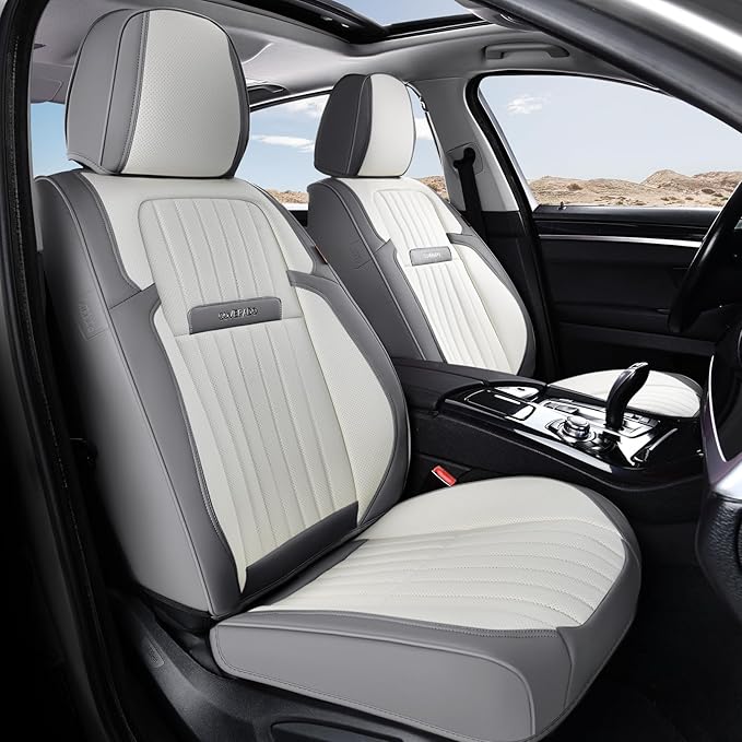 Coverado Car Seat Covers Front Seats, Seat Covers for Cars, Car Seat Protector, 2-Pack Car Seat Cushion Nappa Leather, Waterproof Seat Covers Carseat Cover Universal Fit for Most Cars(Gray&White)