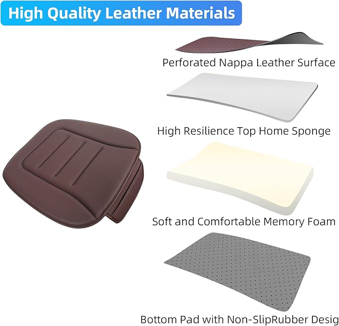 KAYI Car Seat Cushion, Comfort Memory Foam Car Cushions for Driving, Breathable Leather Surface with Anti Slip Rubber Bottom, Seat Cushion for Car and Office Chair (2 Pack, Brown)