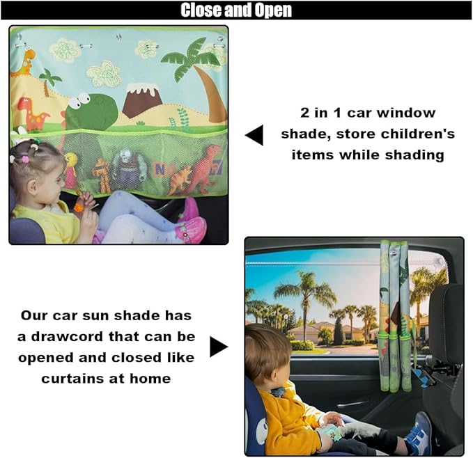 Car Window Shade for Baby, Blackout Car Window Curtain with Storage Pockets & 7 Suction Cups, Cartoon Pattern Cars Side Window Sun Shade Cover for Sun/Heat/UV Rays Protection (Green-Dinosaurs)
