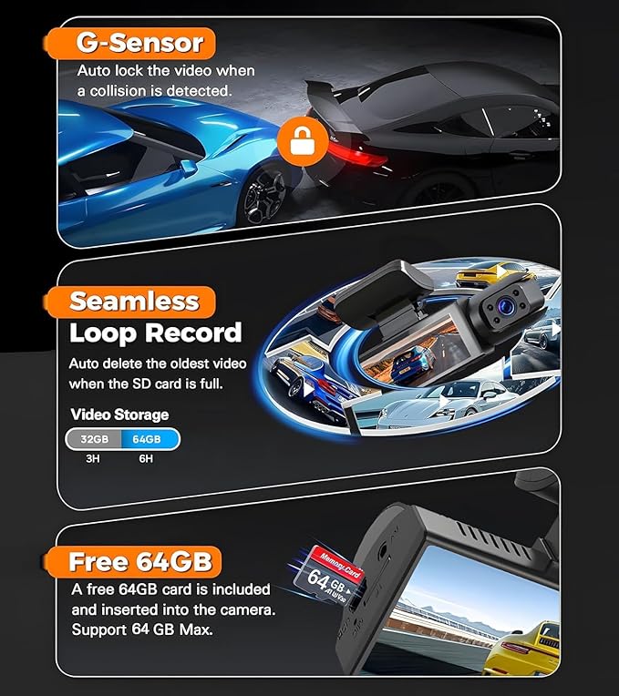 Dashcam Front and Inside,Car Camera Dash Cam for Cars,Driving Recorder with IR Night Vision,Loop Recording,Wide Angle Lens,3.16 Inch IPS Screen,Parking Mode (Silver)