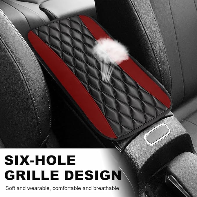 Car Center Console Cushion Pad, 12.6 × 7.48 Inches Waterproof Car Armrest Seat Box Cover, PU Leather Armrest Cover Protector for Most Vehicle, Universal Car Interior Accessories (Wine Red)