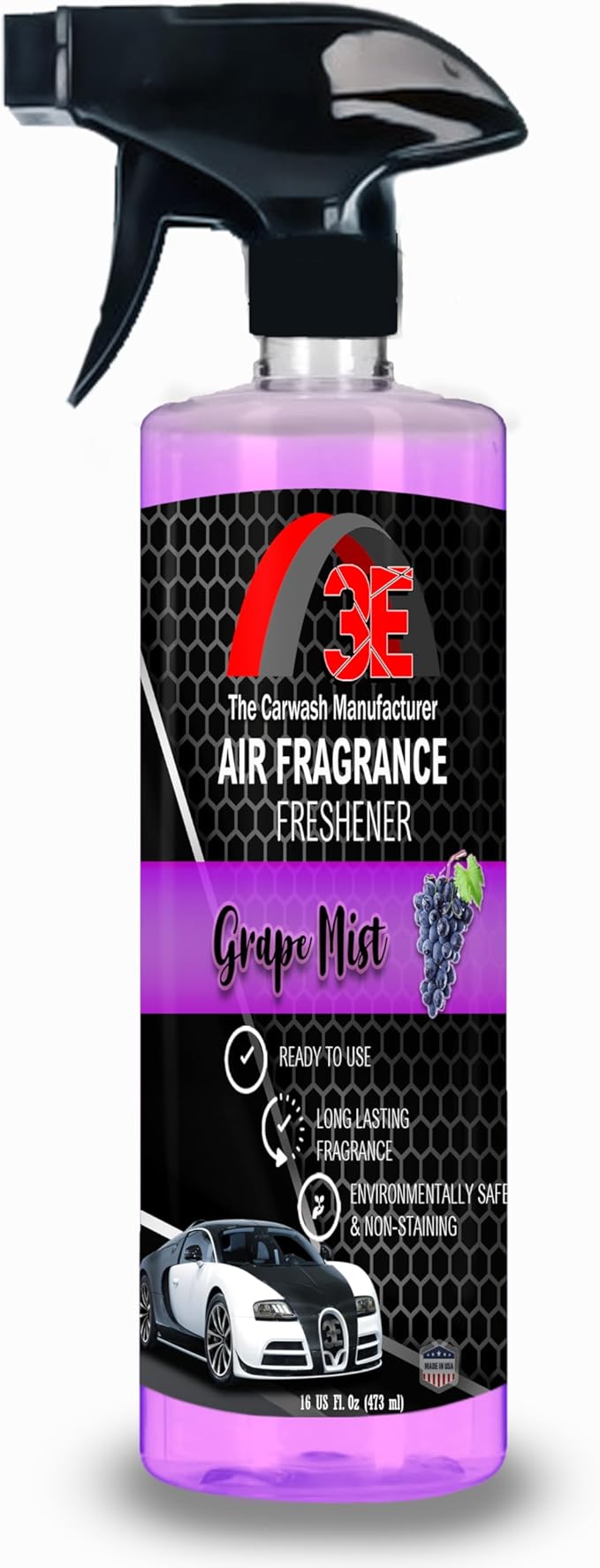 3E Car Air Freshener Premium Grape Scent 16 fl oz – Professional Automotive Air Freshener & Odor Eliminator, Long-Lasting Interior Fragrance for Cars, Trucks, SUVs, RV, Home & Office (GRAPE)