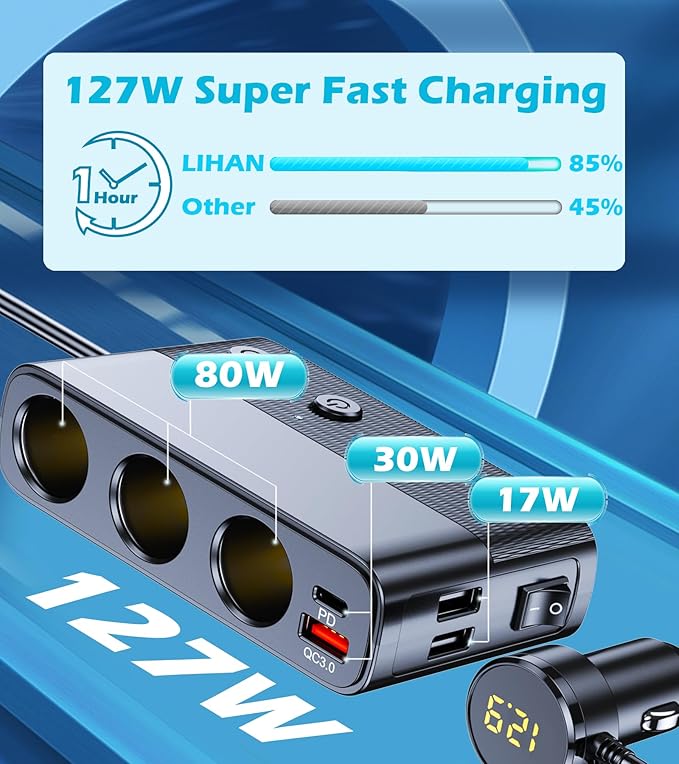 LIHAN 7-1 Cigarette Lighter Splitter,12V/24V Car Charger Adapter with 3 Socket Expander,PD30W Type-C,QC3.0 & Dual USB Ports,Independent Switches,Voltage Display,3.3FT Extension Cord fit Truck RV SUV