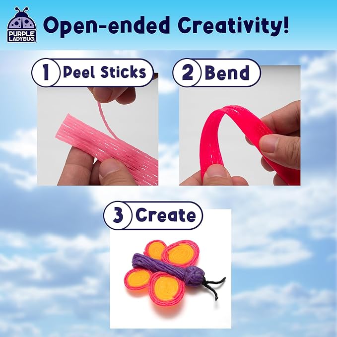 PURPLE LADYBUG 300 PCS Bendable Wax Craft Sticks, Imagination Sticks for Kids, Road Trip Essentials, Travel Toys for Toddlers in Car, Airplane Activities for Kids Ages 4-8, Camping & Summer Essentials