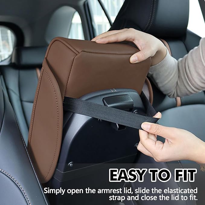 wuyaoyao Car Center Console Cover, 13.39"×8.27"×3.15" Leather Car Armrest Cover with Pocket & Tissue Box & Cup Holder, Multifunctional Auto Armrest Cushion Pad, Universal Car Accessories (Brown)