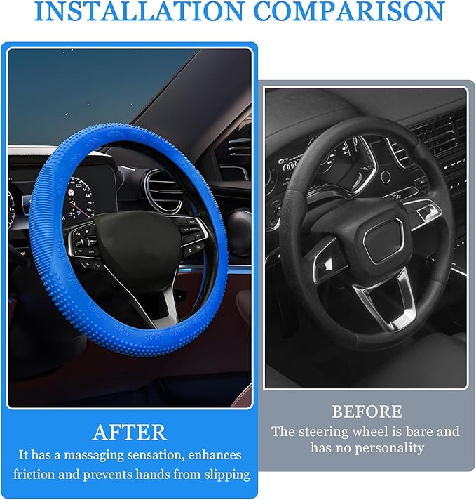 Wuyaoyao Car Steering Wheel Cover, Anti-Slip Silicone Steering Wheel Cover Protector, Non-Slip Massage Grip Auto Wheel Cover Fits 14-15 Inch, Universal Interior Car Accessories (Dark Blue)
