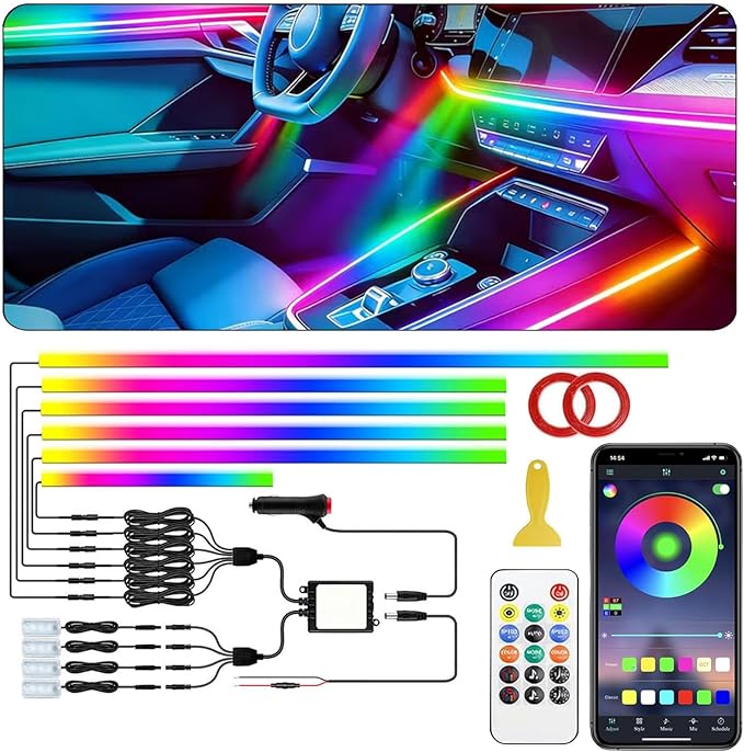 Dreamcolor Acrylic Interior Car LED Strip Light with APP Remote Control,RGB 10 in 1 with 175 inches 593 LEDs Fiber Optic Strip Lights for Car, Dynamic Chasing Music Sync Neon Car Ambient Lighting Kits