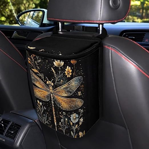 Gold Dragonfly Car Trash Can with Lid, Cute Leakproof Car Trash Garbage Bag Hanging Vehicle Trash Bin Small Portable Automotive Garbage Cans Organizer for Back/Front Seat/Console