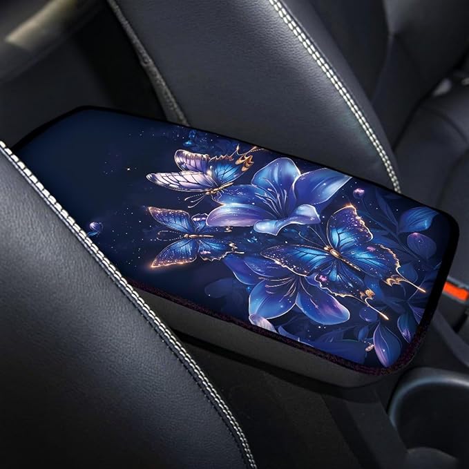 Blue Purple Butterfly Car Armrest Storage Box Mat Car Center Console Cover Car Armrest Seat Box Cover for Most Vehicle, SUV, Truck Car Decors